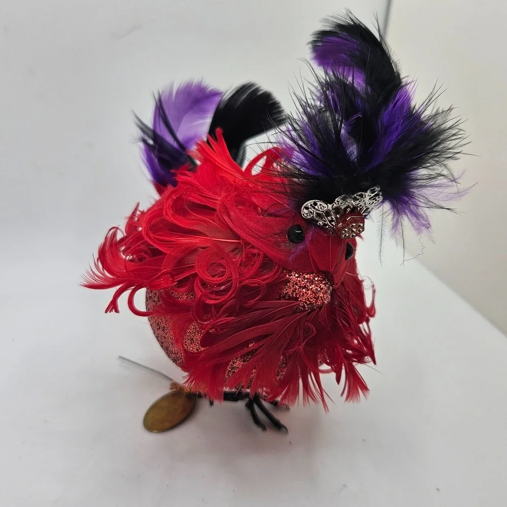 Katherine's Collection Red Feather Bird Ornament Glitter Crown Black Purple‎